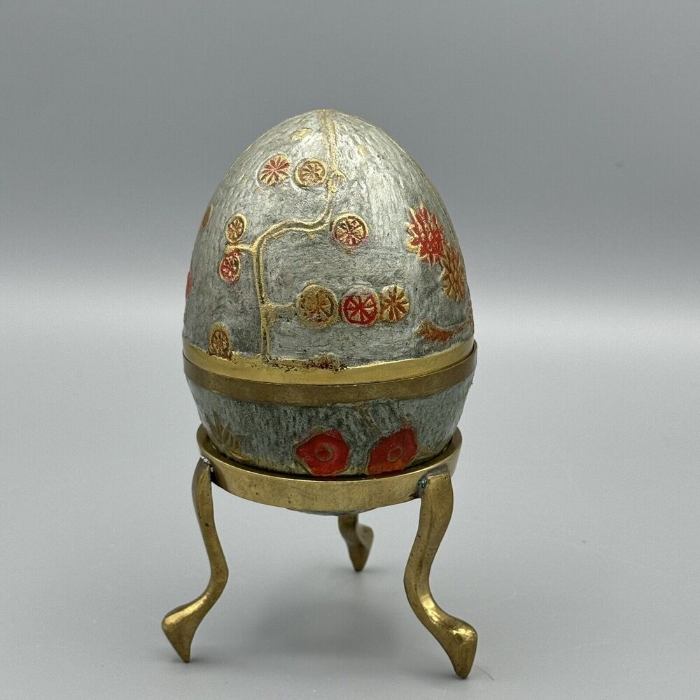 Vtg Handpainted Raised Floral Brass 2 Pc Egg Trinket Box with Brass Stand 5 inch
